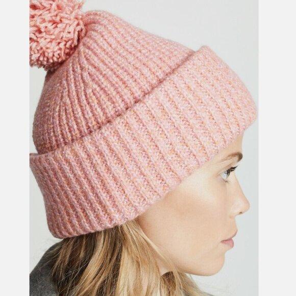 New Rag & Bone Superfine Merino Wool Pink Beanie Hat with Pom - Picture 2 of 15